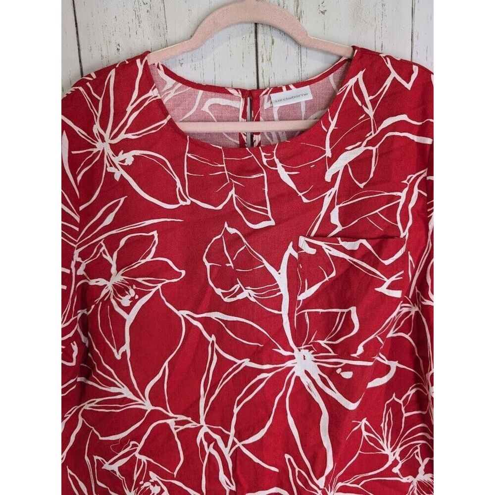 Liz Claiborne Size XL Womens Red White Floral Linen Short Sleeve Blouse Top - Picture 3 of 6